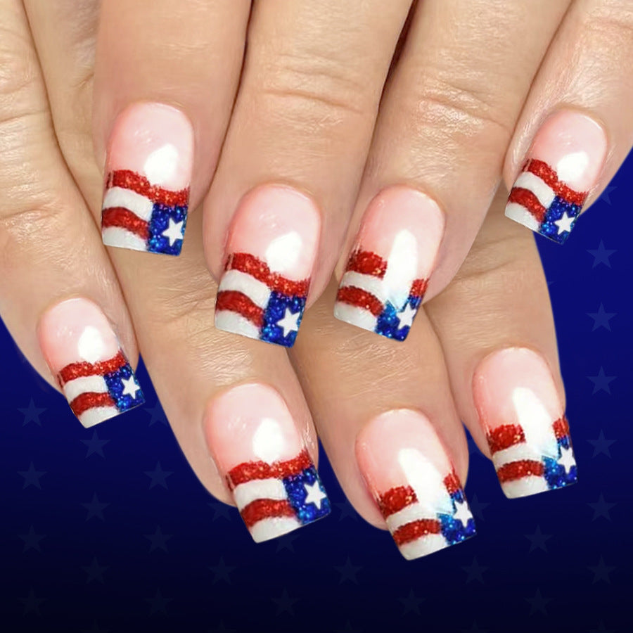Patriotic Glamour Short Square Red and Blue Glitter Accent Nail Set