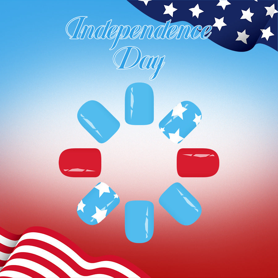 Independence Day Celebration Short Square Blue with Star Design Press on Nail Set
