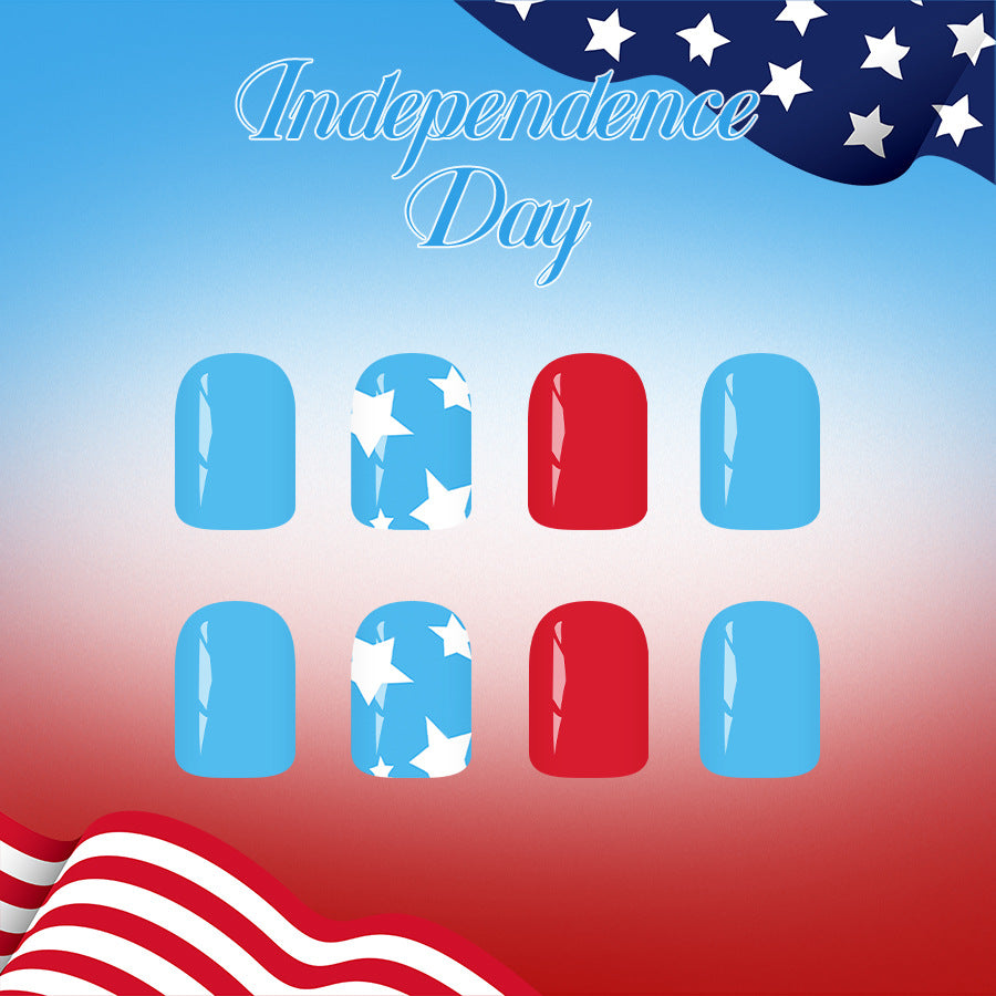Independence Day Medium Square Blue with Star Patterns Press On Nail Set