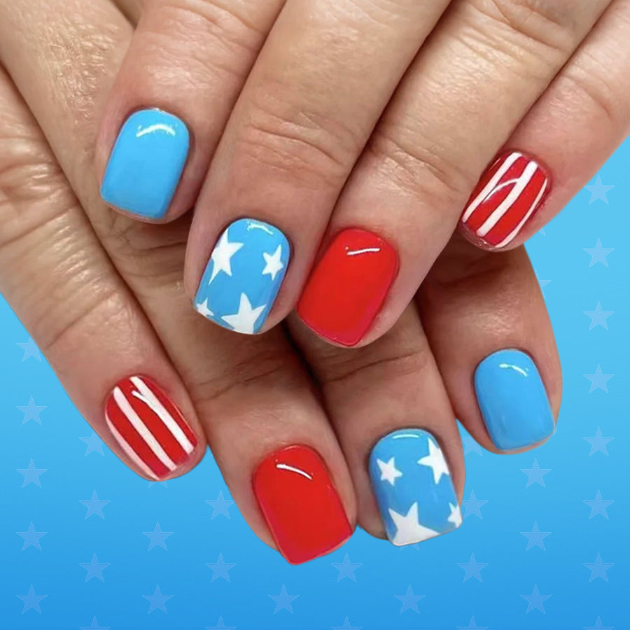 Patriotic Glamour Short Square Blue and Red with Charming Star Design Press on Nail Set