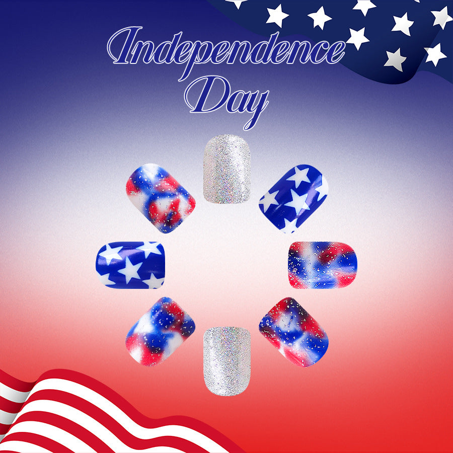 Independence Day Celebration Medium Square Red Blue Starry Glitter Press On Nail Set