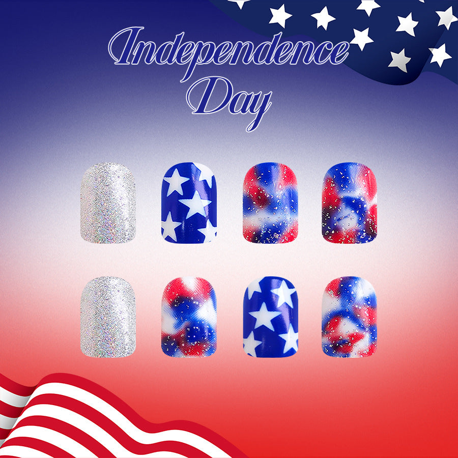 Independence Day Short Square Red White and Blue Star Sparkle Press On Nail Set