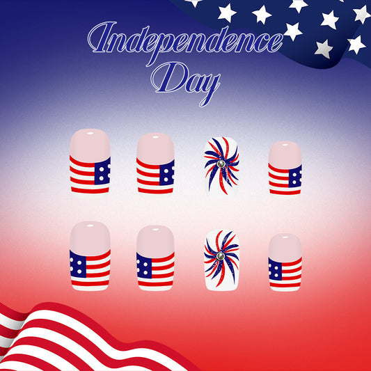 Patriotic Independence Day Medium Square Red and Blue Spiral Design Press On Nail Set