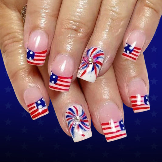 Patriotic Short Square Red and Blue Flag Design Press On Nail Set
