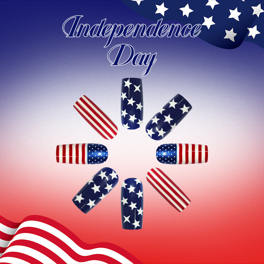 Independence Day Short Square Red and Blue Star Design Press On Nail Set