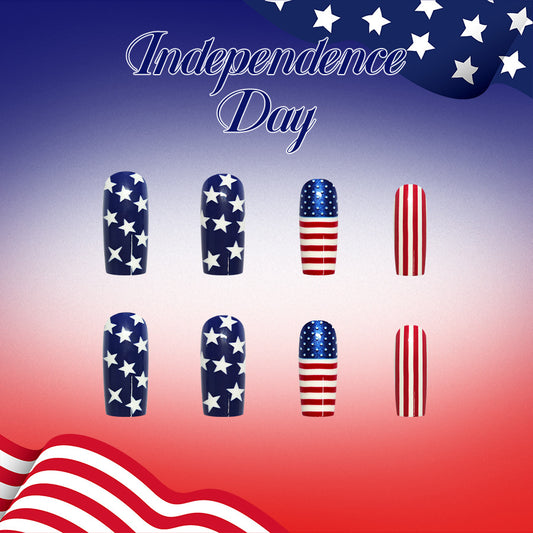 Independence Day Festive Long Square Red White and Blue Star Design Press On Nail Set