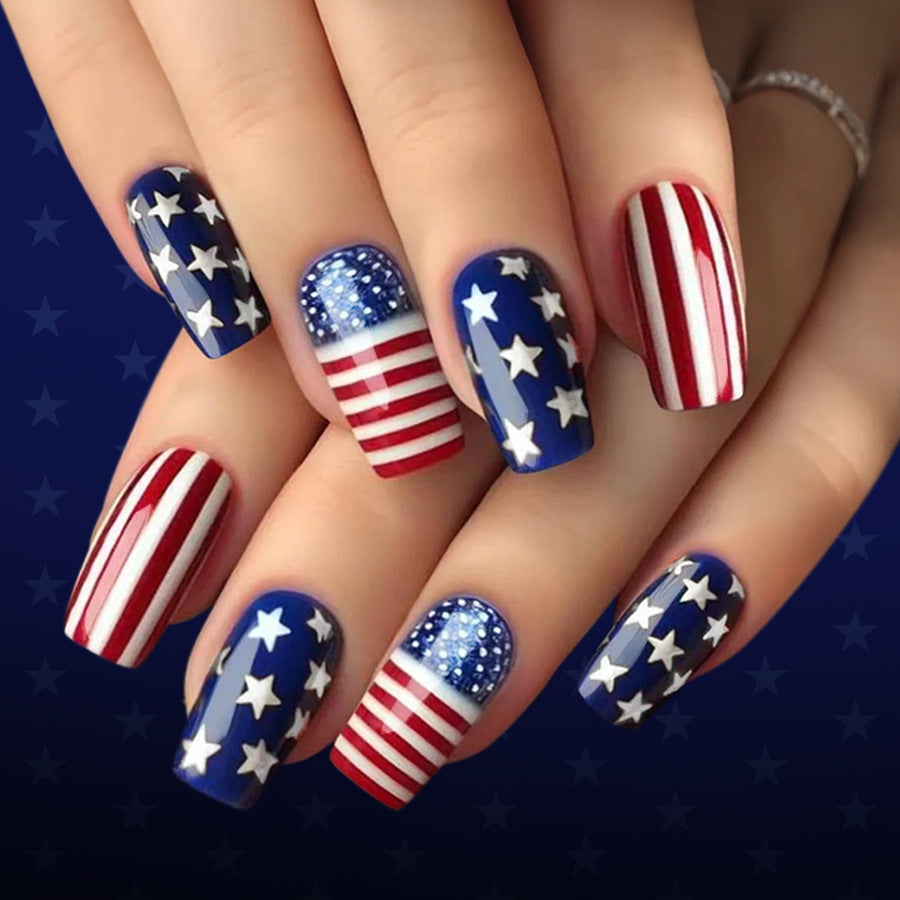 Patriotic Style Long Square Red and Blue Star Theme Press on Nail Set