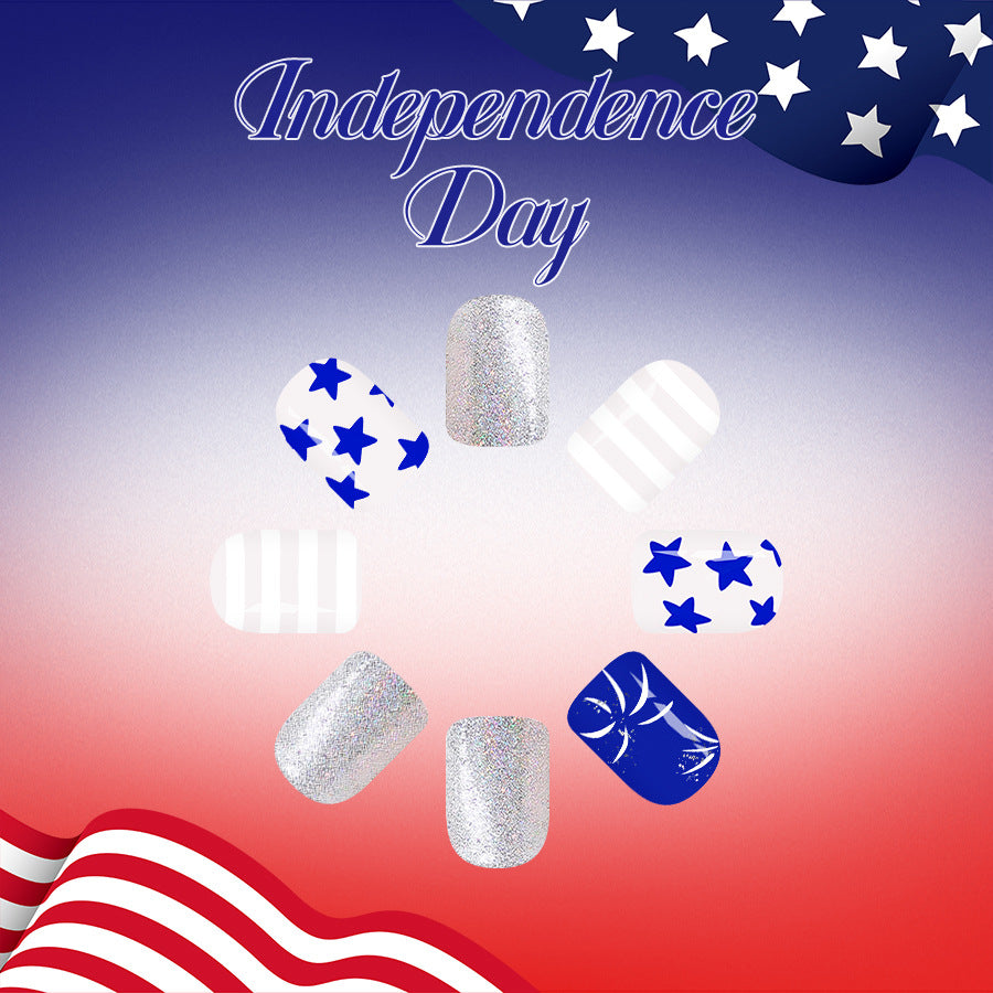 Patriotic Celebration Medium Square Blue Sparkle and Star Design Press On Nail Set