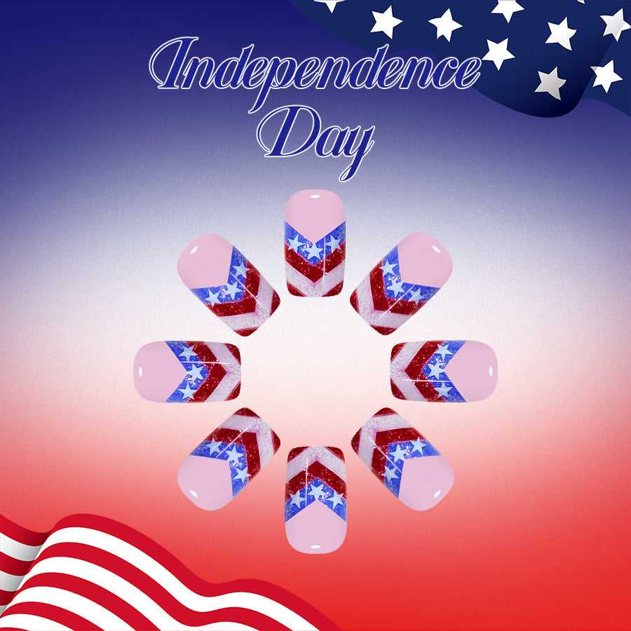 Independence Day Celebration Medium Square Red White and Blue Glitter Design Press On Nail Set