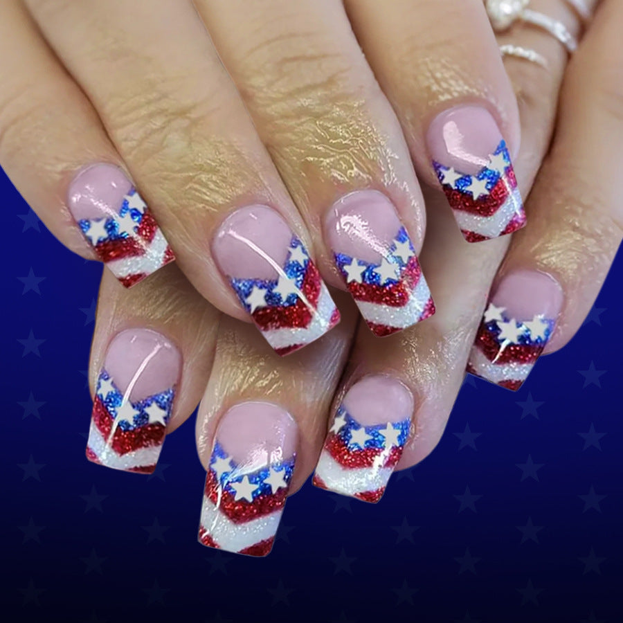 Patriotic Sparkle Short Square Red White and Blue Glittery Nail Set