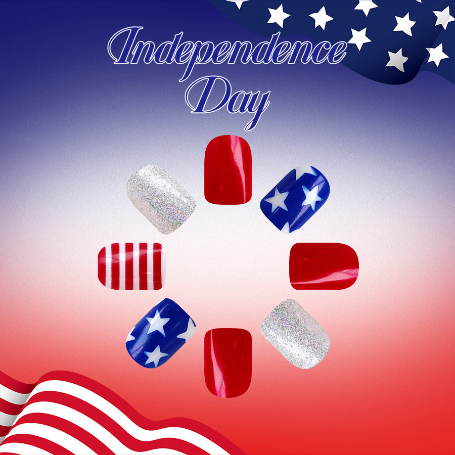 Independence Day Short Square Red and Blue Star Pattern Nail Set