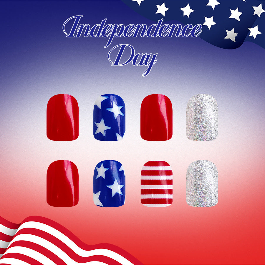 Independence Day Celebration Short Square Red and Blue Star Design Press-On Nail Set