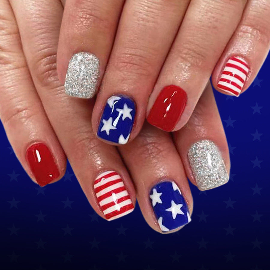 Patriotic Glamour Short Square Red Blue and Silver Sparkle Press on Nail Set