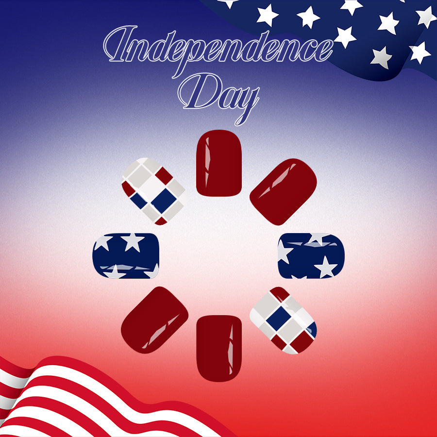 Independence Day Festive Medium Square Red White and Blue Patterned Press On Nail Set