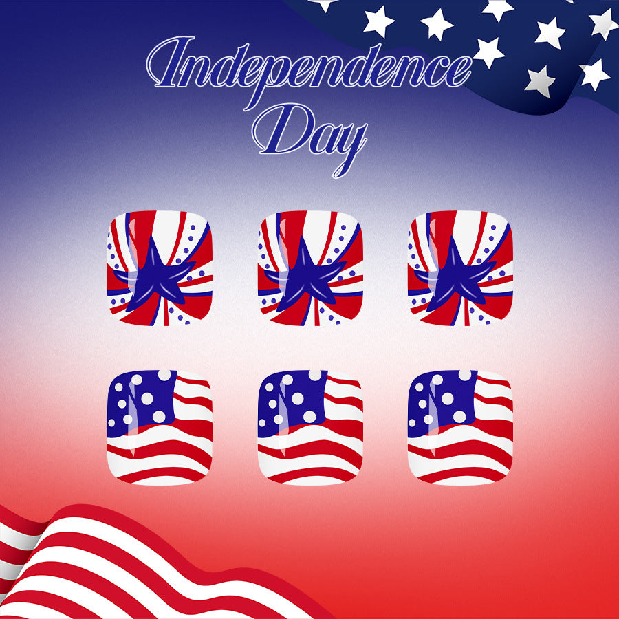 Independence Day Celebration Short Square Red White and Blue Design Press On Toenail Set