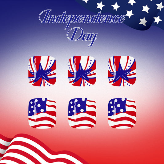 Independence Day Celebration Short Square Red White and Blue Design Press On Toenail Set