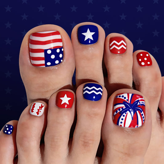 Patriotic Delight Short Square Red and Blue Flag Design Press On Toenail Set
