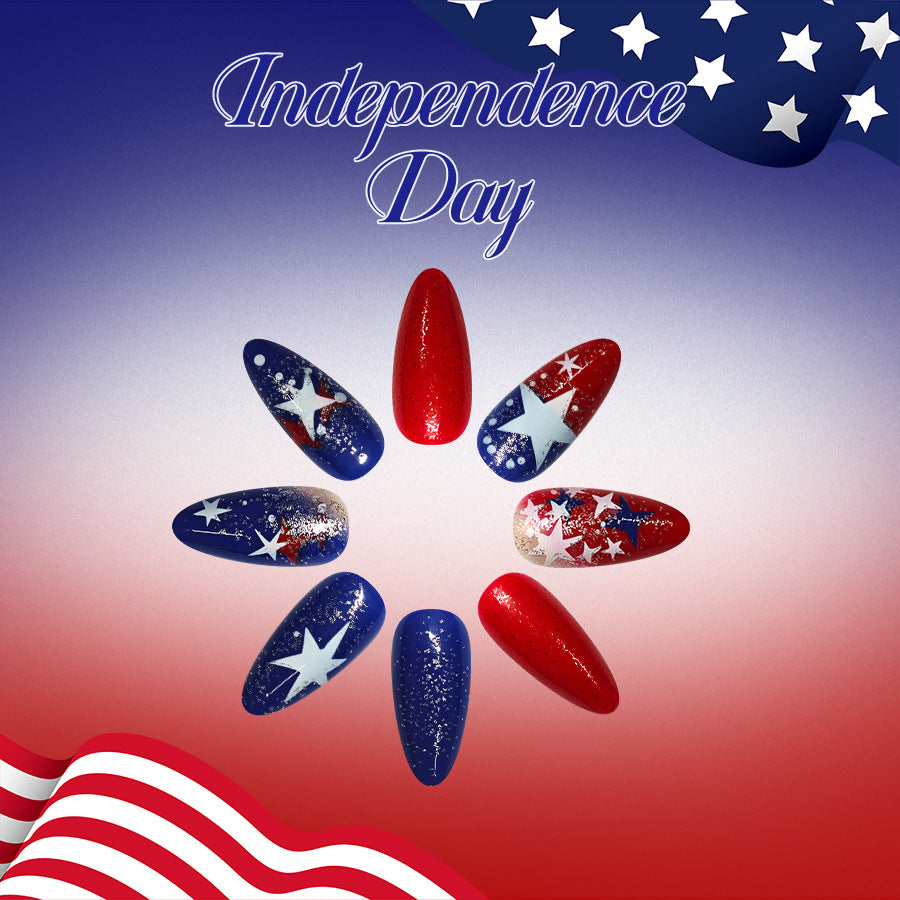 Independence Day Short Almond Red and Blue Starry Press On Nail Set