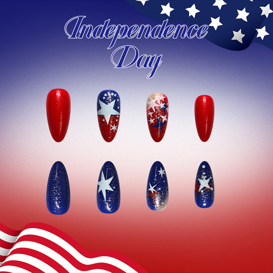 Independence Day Celebration Medium Almond Red and Blue with Starry Glitter Design Nail Set