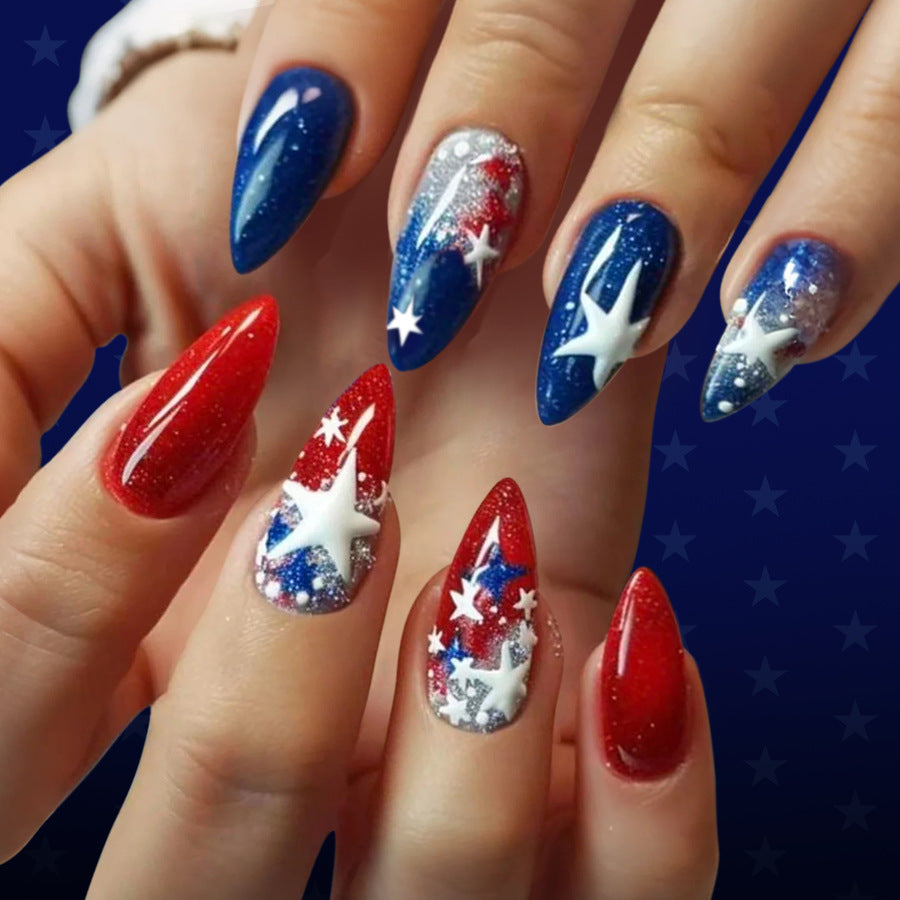 Stars and Stripes Medium Almond Red and Blue Glitter Press On Nail Set