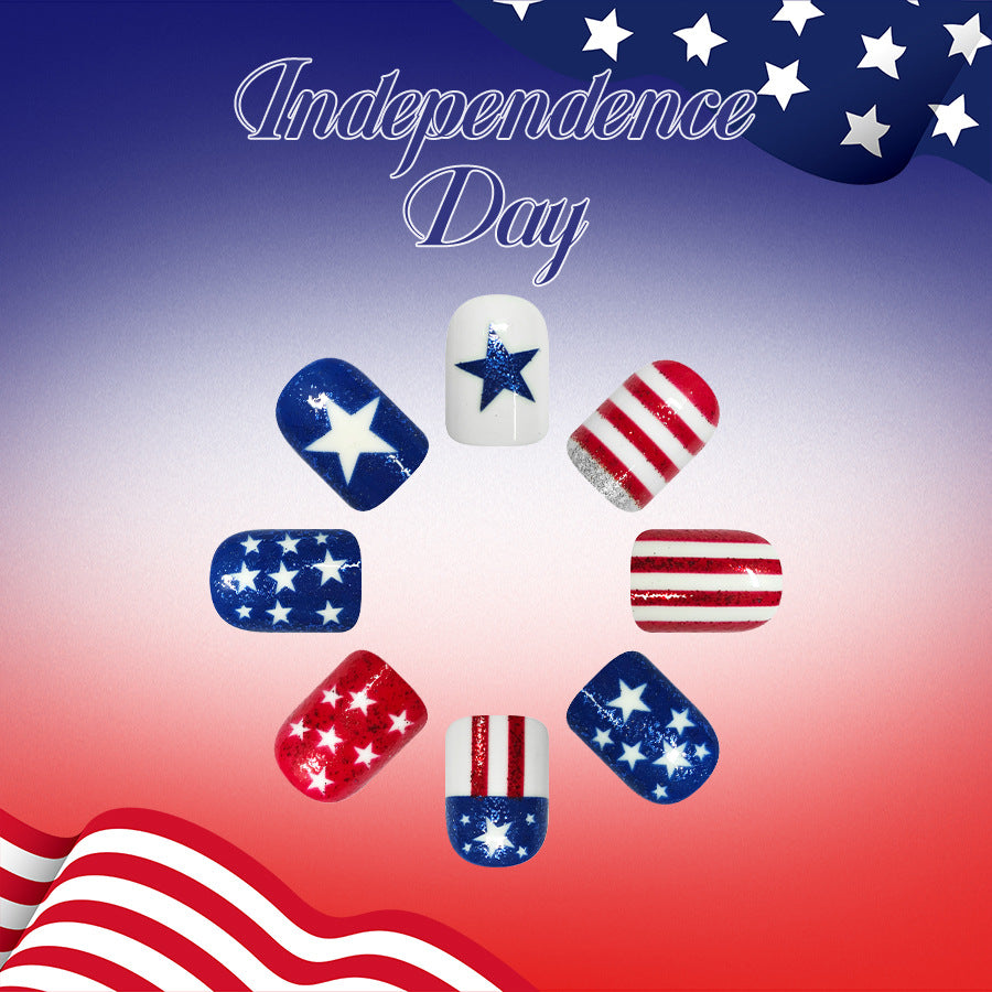 Independence Day Short Square Red White and Blue Stars Press On Nail Set