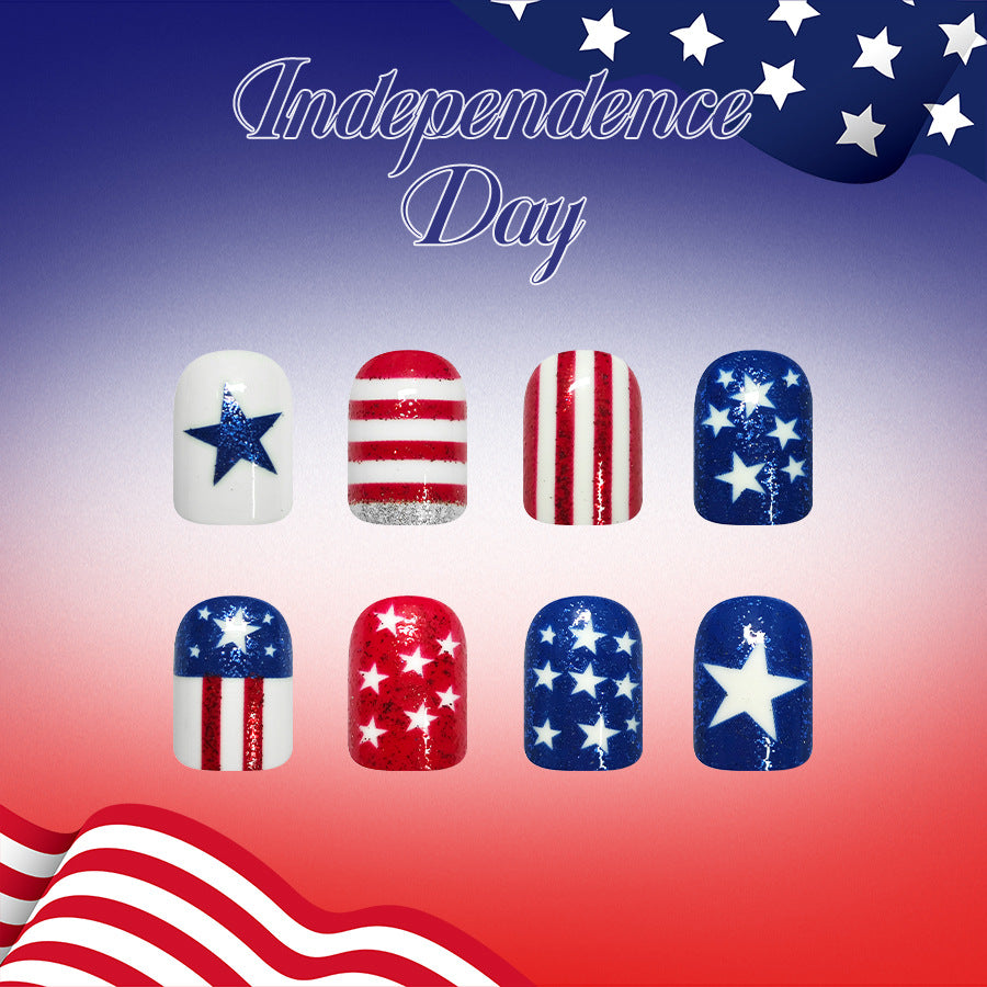 Independence Day Celebration Short Square Red White and Blue Glitter Press On Nail Set