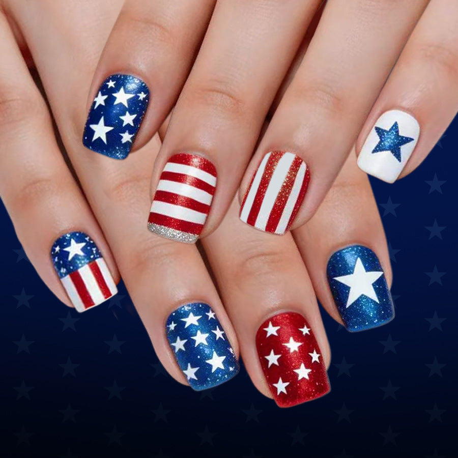 Patriotic Glamour Short Square Red and Blue Glitter Star Press-On Nail Set