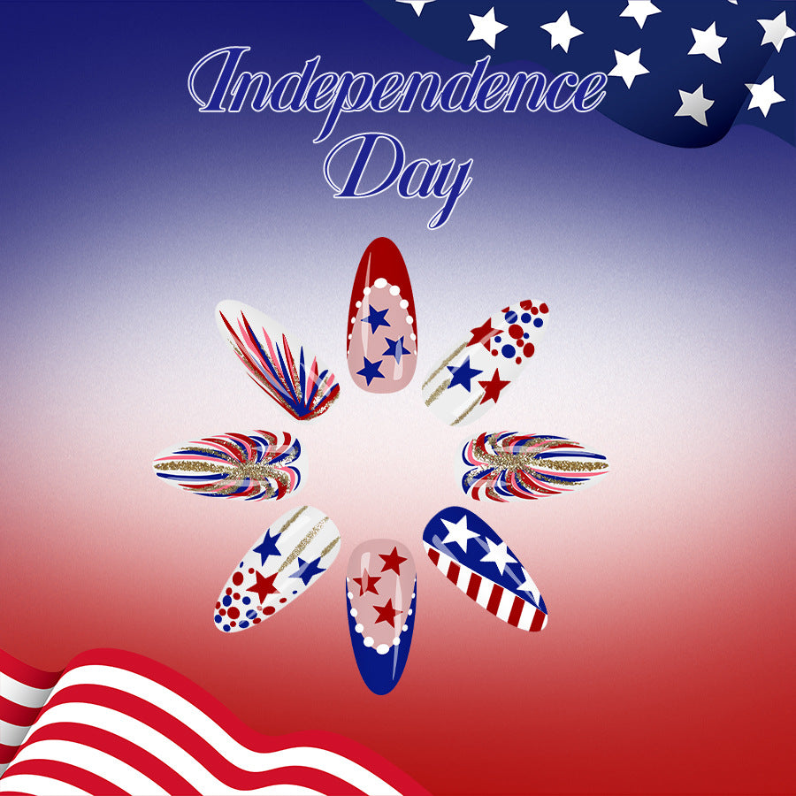 Independence Day Inspired Medium Almond Red White and Blue Nail Set with Glittering Stars