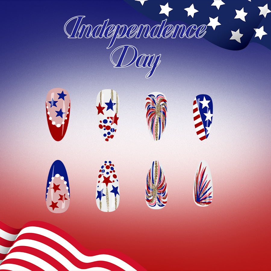 Independence Day Celebration Medium Almond Red White and Blue Starburst Nail Set