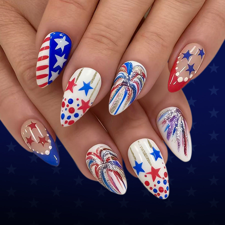 Patriotic Glamour Medium Almond Red White and Blue Nail Set with Sparkling Accents