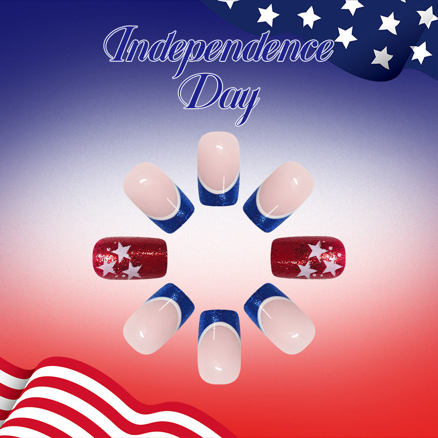 Independence Day Short Square Blue Glitter Tips and Red Star Accents Press on Nail Set
