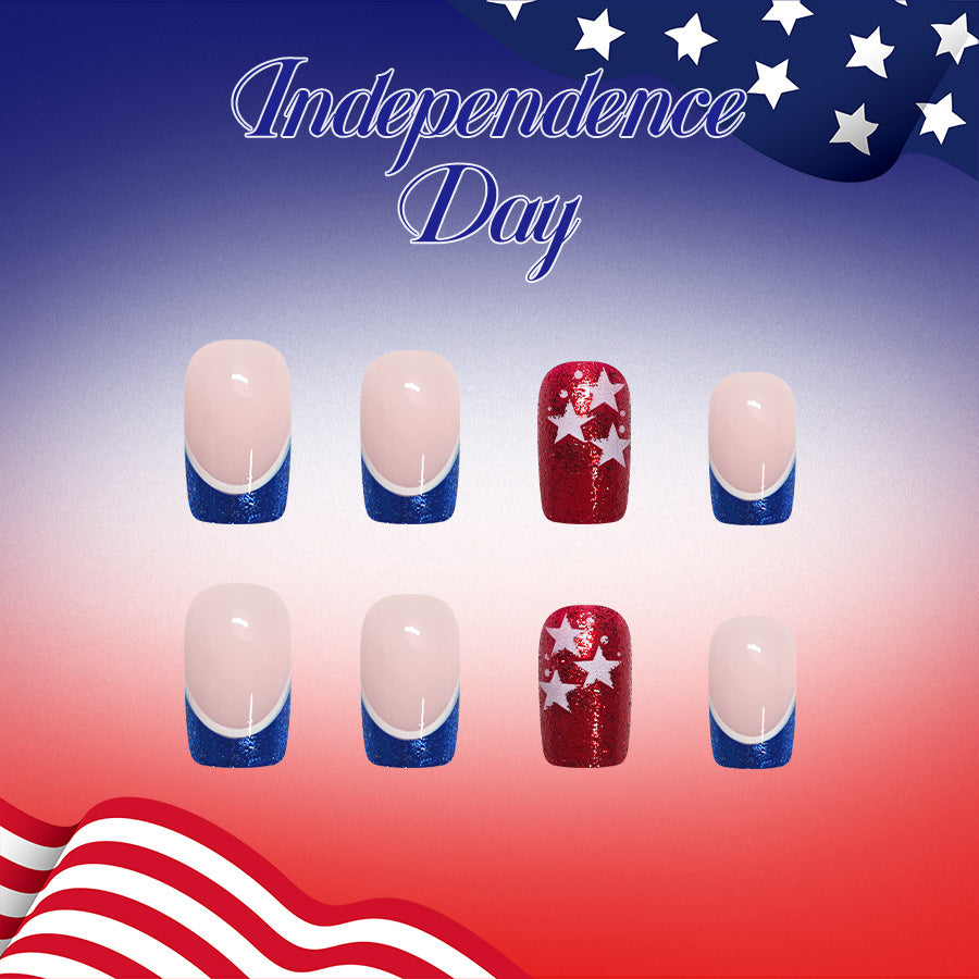 Independence Day Short Square Blue Glitter Star Accents Press On Nail Set