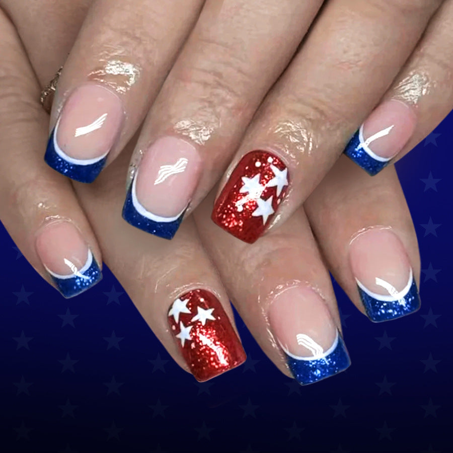 Patriotic Celebration Short Square Blue and Red Glitter Star Nail Set