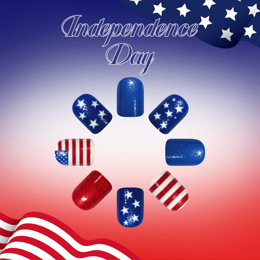 Independence Day Celebration Short Square Blue with Sparkling Star Accents Press On Nail Set