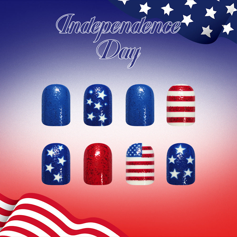 Independence Day Celebration Short Square Bright Blue with Starry Design Nail Set