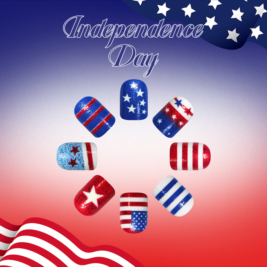 Independence Day Celebration Short Square Red and Blue Glitter Press On Nail Set