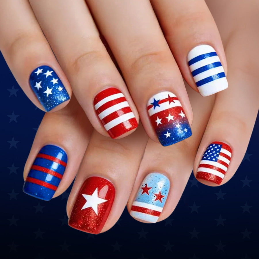 Patriotic Style Short Square Red and Blue Glitter Star Press on Nail Set