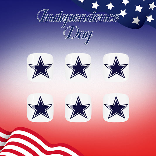 Independence Day Short Square White with Navy Star Design Press On Toenail Set