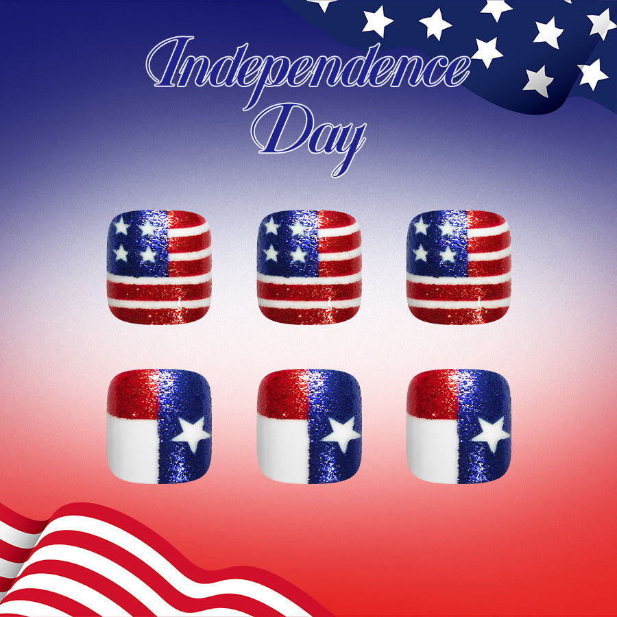 Independence Day Short Square Red and Blue Glitter Design Press On Toenail Set