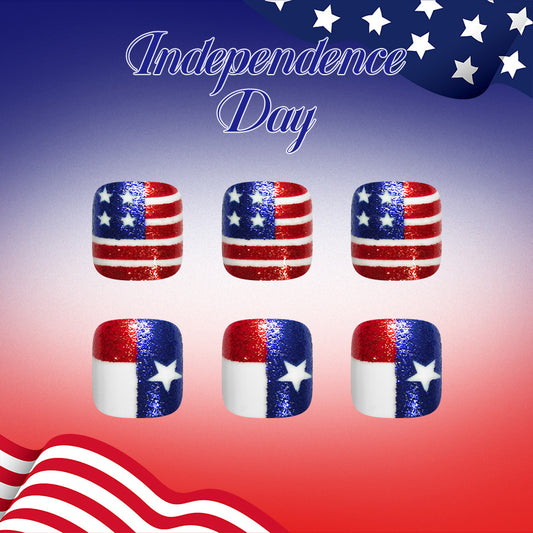 Independence Day Short Square Red and Blue Glitter Design Press On Toenail Set