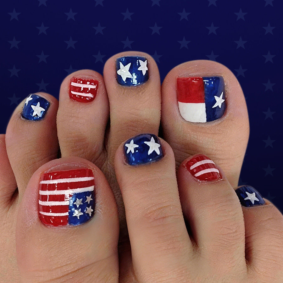 Patriotic Spirit Long Square Red White and Blue Nail Set with Star Design