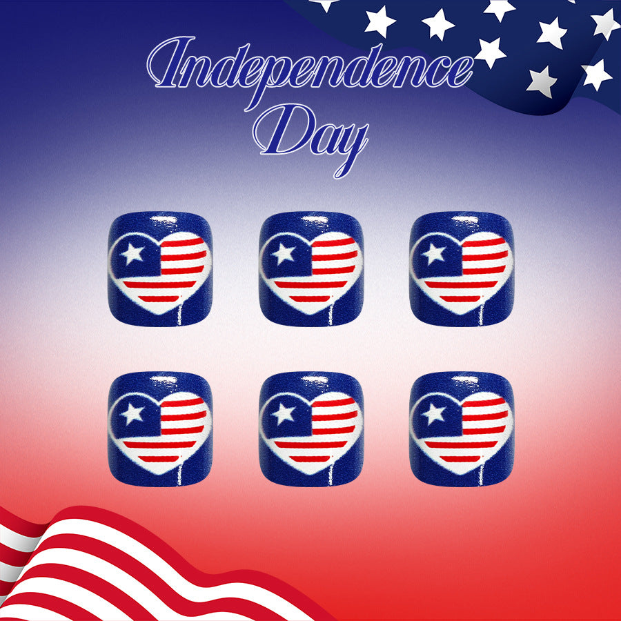 Independence Day Celebration Short Square Blue with Patriotic Heart Design Press On Toenail Set