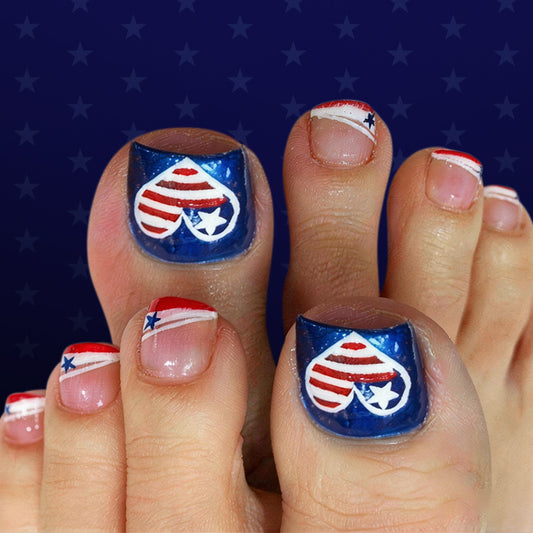 Patriotic Nail Art Short Square Blue with Unique Heart Design Press on Toenail