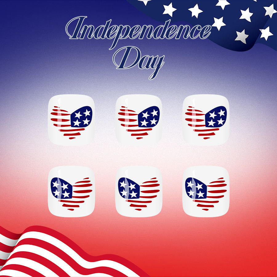 Patriotic Independence Day Short Square Red White and Blue Heart Design Press On Toenail Set