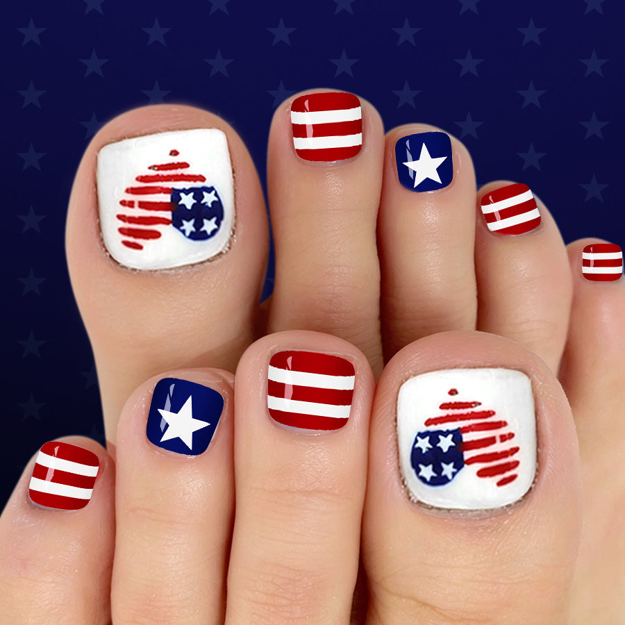 Patriotic Vibes Short Square Red and Blue Star Design Press On Toenail Set