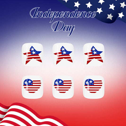 Independence Day Celebration Short Square Red and Blue Star Design Press On Toenail Set