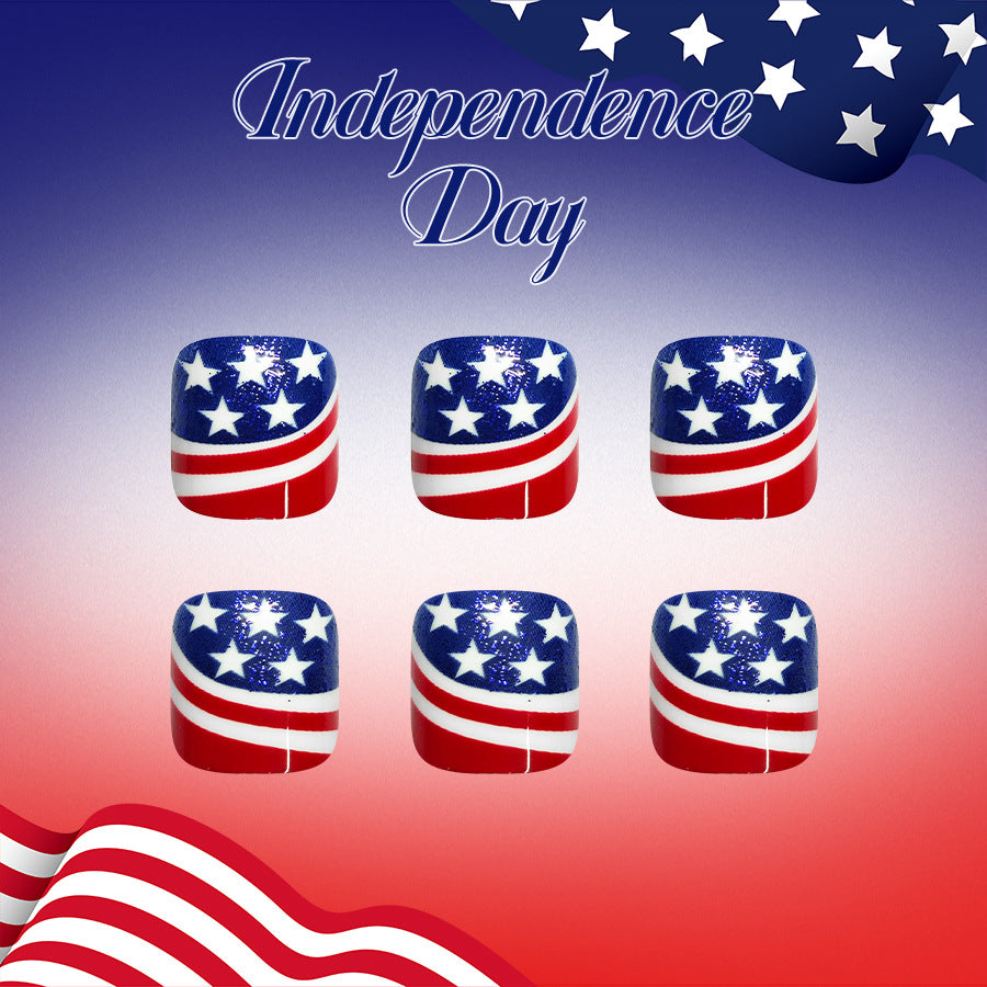 Patriotic Spirit Short Square Red and Blue Star Design Press On Toenail Set