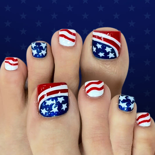 Patriotic Short Square Blue and Red Striped Press On Toenail Set