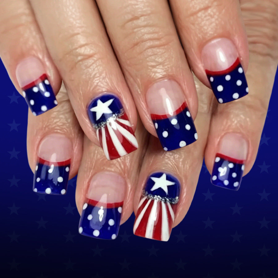 Patriotic Celebration Medium Square Blue and Red Sparkling Design Press on Nail Set