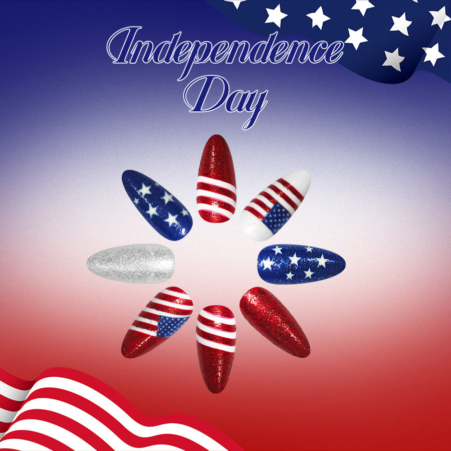 Independence Day Celebration Medium Almond Red White and Blue Glitter Press on Nail Set